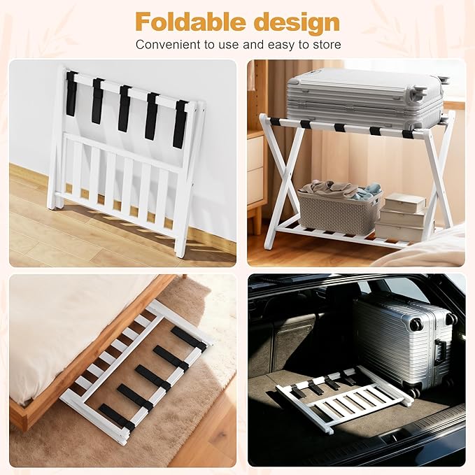 26.77"L Luggage Rack, White Luggage Rack for Guest Room, Bamboo Folding Suitcase Stand with Storage Shelf, 5 Nylon Straps, Heavy Duty Luggage Holder for Bedroom Hotel, 1 Pack, Gift Box Packaging