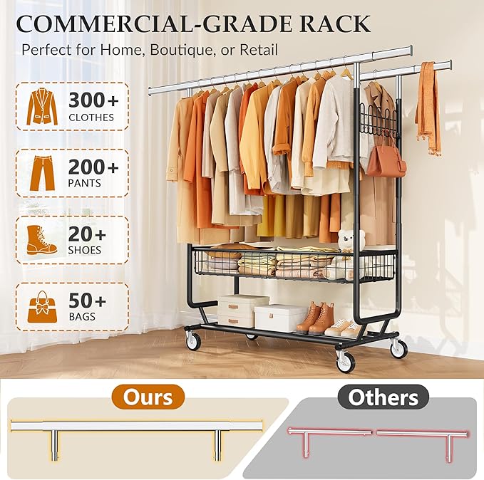 Gewudraw Heavy Duty Clothes Rack with Metal Basket, 1060 LBS Rolling Double Rod Garment Rack, Portable Extendable Clothing Rack with Wheel for Bedroom, Laundry Room & Retail Store