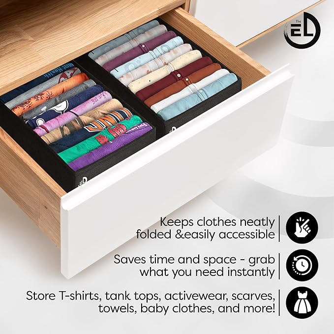 Drawer Organizer Clothes - 3 Set Multipurpose Dresser Drawer Organizer for Adults & Kids, Closet Foldable 10 Cells per Organizer - Non-Woven Fabric, T-Shirts, Baby Clothes, Shorts Organizer - Black