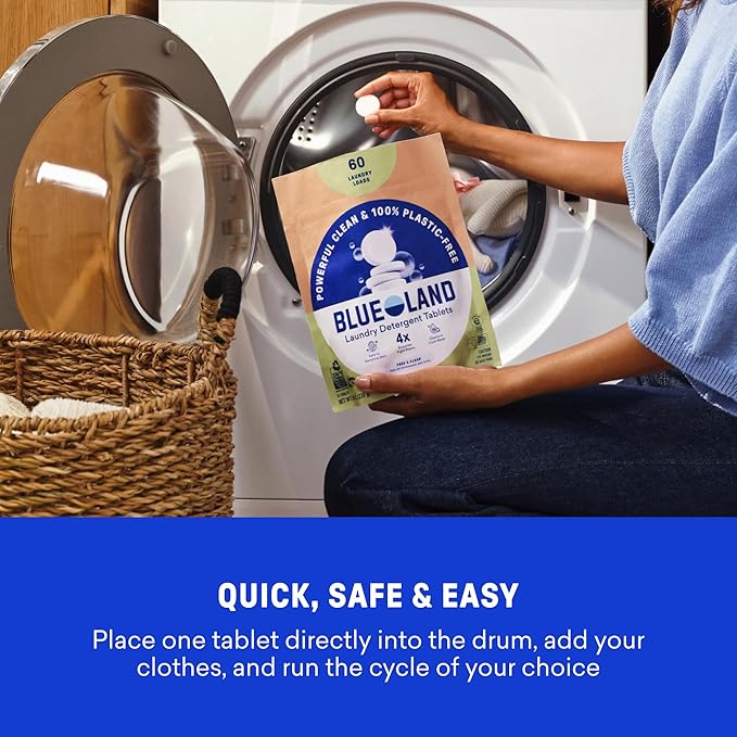 BLUELAND Laundry Detergent Tablets, 36 Count, Plastic-Free Eco-Friendly Pods, Sheets, Liquid Alternative - Fragrance Free and Clear, Natural, Gentle