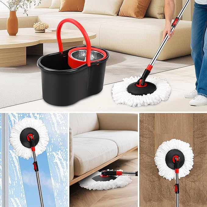 Spin Mop and Bucket, Mop and Bucket with Wringer Set for Home, 360 Spinning Mop Bucket Floor Cleaning Tool with One Microfiber Mop Replacement Head Refills,50" Extended Handle for Floor Cleaning Home