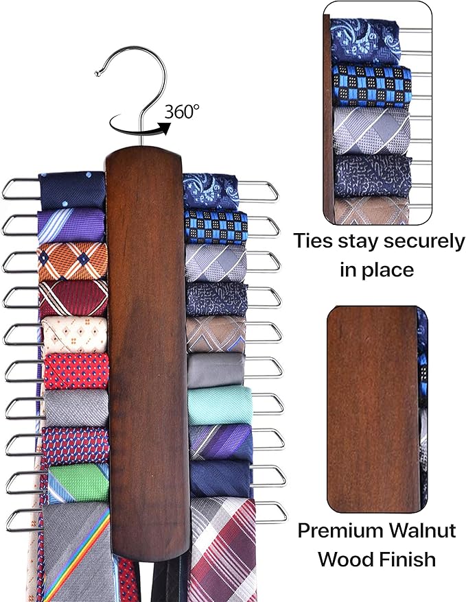 Umo Lorenzo Premium Wooden Necktie and Belt Hanger, Walnut Wood Center Organizer and Storage Rack with a Non-Slip Finish - 20 Hooks (Wooden)…