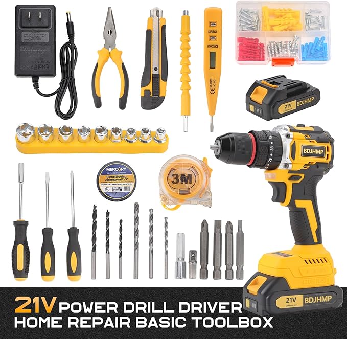 3/8" Brushless Compact Drill Tool Set, 85N.m 21V Cordless Drill Box with 2 * 2000mAh Battery, 782 In-lb Tool Set,DIY Hand Tool Kits for Daily Home Repair