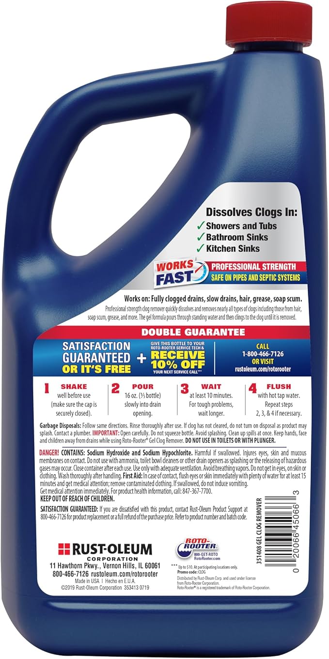 Roto-Rooter Gel Clog Remover Drain Cleaner, Thick Gel Helps Clear Slow Drains and Break Down Hair, Grease and Soap Buildup, Suitable for Pipes, Toilets, Showers and Sinks, 80 oz