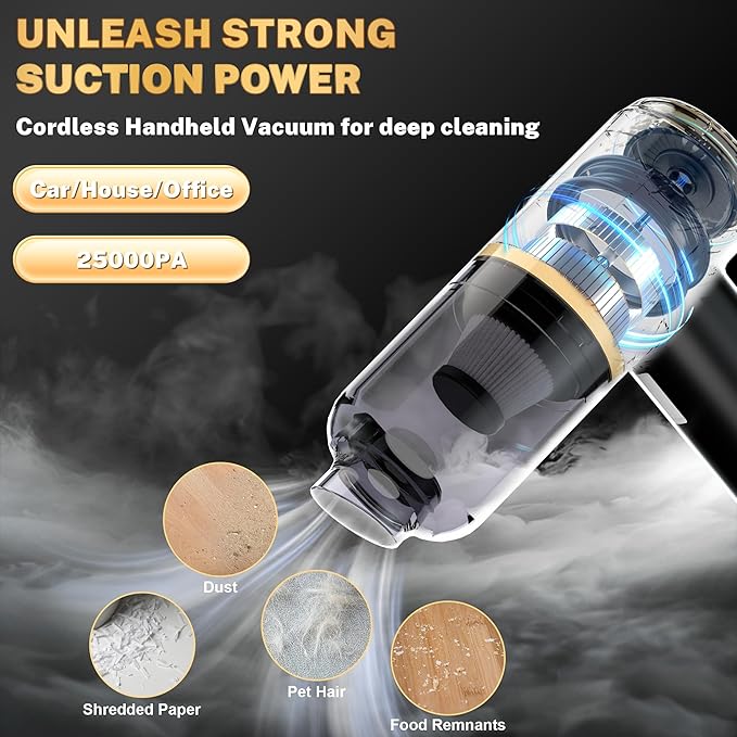 Cozylady Cordless Car Vacuum Cleaner,300000PA Brushless Handheld Vacuum, 6-in-1 Rechargeable&Portable Handheld Vacuum Cleaner for Auto Interior Pet Hair, Home, Office, Kitchen