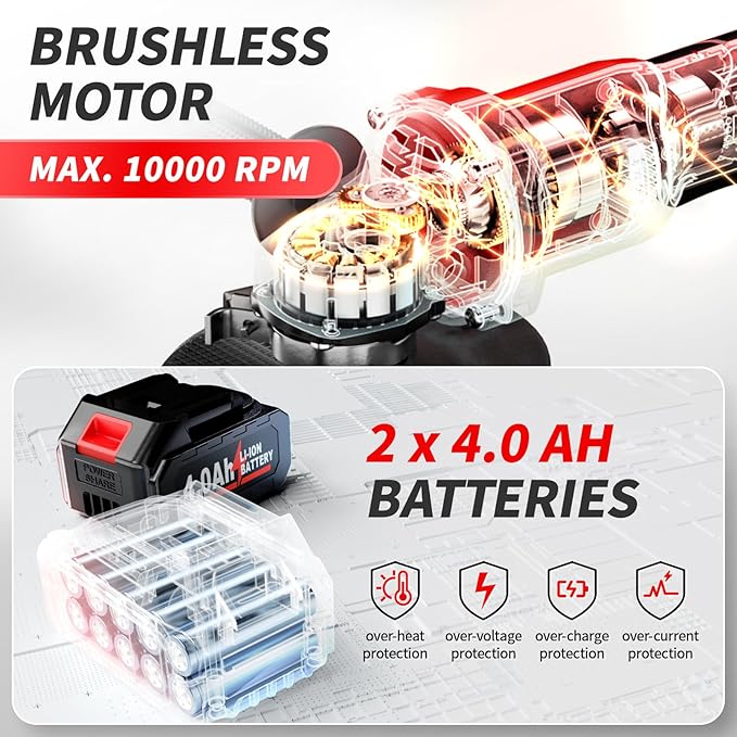 Cordless Angle Grinder 4-1/2 inch, 3-Speed Adjustable, 10000 RPM Electric Angle Grinder Portable with 2*4.0Ah Batteries & 3 Wheels, Battery Powered Grinder Tool Kit for Wood/Metal/PVC Cutting
