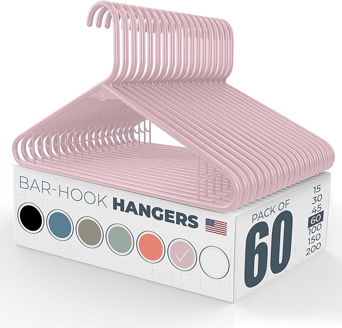 Neaties Plastic Hangers 50 Pack (60 Count) – Made in The USA – 6lb Capacity Standard Clothes Hangers with Strap Hooks for Dresses, Lingerie, Shirts, Pants, and Jackets – Pink
