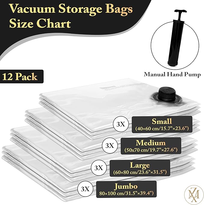Vacuum Storage Bags – 12 Pack with Hand Pump | Space Saver Compression Bags for Clothes & Bedding | Extra Thick, Airtight Double-Zip, Triple-Valve | Reusable Storage (Jumbo/Large/Medium)