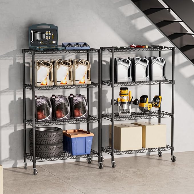 SINGAYE 4 Shelf Storage Wire Shelves Closet Bathroom Organizers Metal Pantry Kitchen Garage Shelving Unit Laundry Room Organization Home Narrow Rack Net Basket with Wheels Black
