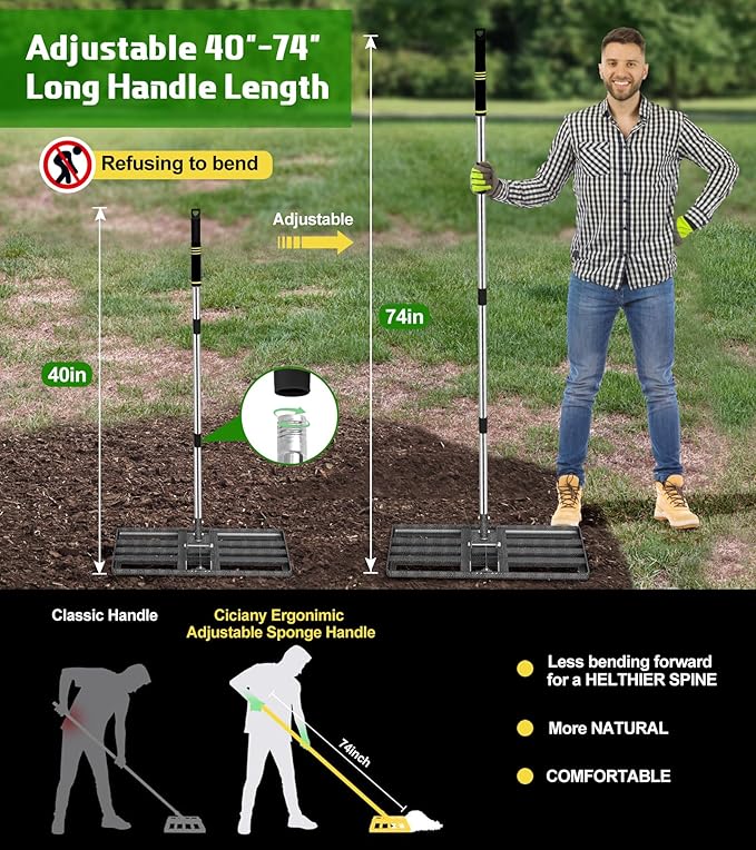 Lawn Leveling Rake 30x10 inch with Stainless Steel Rod and Carbon Steel Head - Heavy Duty Yard Leveler for Grass Soil Sand Dirt Topsoil Fertilizer Distribution Garden Farm