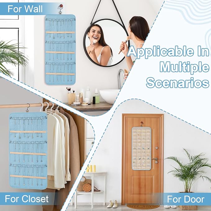 Dynoro Double-Sided Hanging Jewelry Organizer, Large Teal Storage Roll for Earrings, Necklaces, Rings, 48 Pockets 21 Hooks, Durable Oxford Fabric for Closet, Wall, Door, 1 piece, Jewelry Not Included