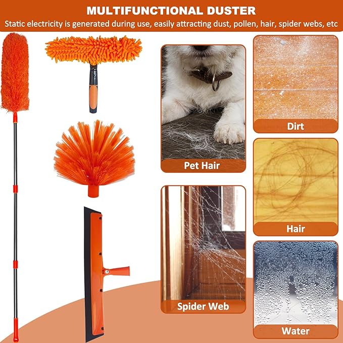 20+ Feet High Reach Duster Kit with 3-14 ft Extension Pole High Ceiling Dusting and Window Cleaning Kit with Spliceable Pole - Window Washer & Squeegee, Cobweb Duster, Fan Blade and Feather Dusters