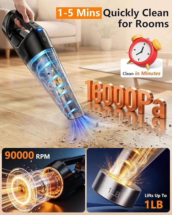 PowerSpeed CleanView Portable Handheld Vacuum - 16000Pa Strong Suction Powerful with 1000mL Dust Cup and LED Light - Cordless Vacuum Cleaner for Home Daily Quick Clean - for Dust/Pet Hair/Floor Debris