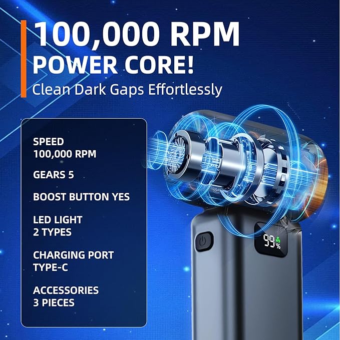 Compressed Air Duster, 100000RPM Electric Air Duster, 5+1 Gear Adjustable Mini Blower with LED Light, Super High-Speed Air Blower for Keyboard,Car,Home & Outdoor Dust-Compact & Lightweigh