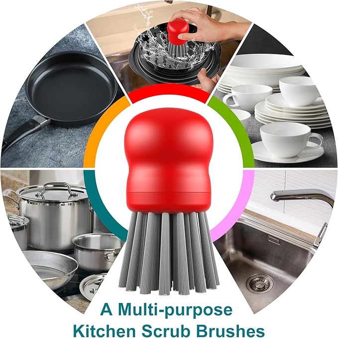 Mini Dish Brush for Cleaning Chicken Shredder, Palm Brush Dish Scrubber with Ergonomic Grip, Kitchen Brush for Washing Dishes, Pans, Pots, Sink (1, Red)