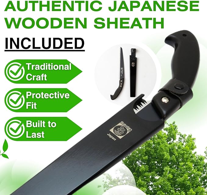 Saboten Japanese Pruning Saw 9.4 in (240mm) – Fluorine-Coated High-Carbon Steel Blade, 7.5mm Tooth Pitch, Smooth Pull Cuts, Wooden Handle, Wood Sheath Included, Made in Japan