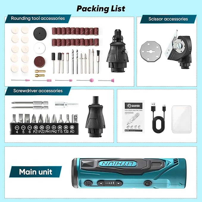 Saker 65-in-1 Mini Electric Screwdriver Set, DIY Tool Kit with 4V Cardboard Cutter & Rotary Tool, 2.5N.M, 2000mAh Battery, USB-C Charging, Ideal Tool for DIY Tasks and Light-Duty Home Repairs