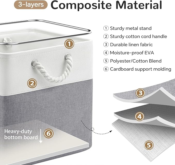 12 x 12 Inch Cube Storage Bins, 4 Pack Fabric Storage Basket with Handles, Foldable Boxes Organizer for Shelf Baskets for Home, Clothes (White/Grey)