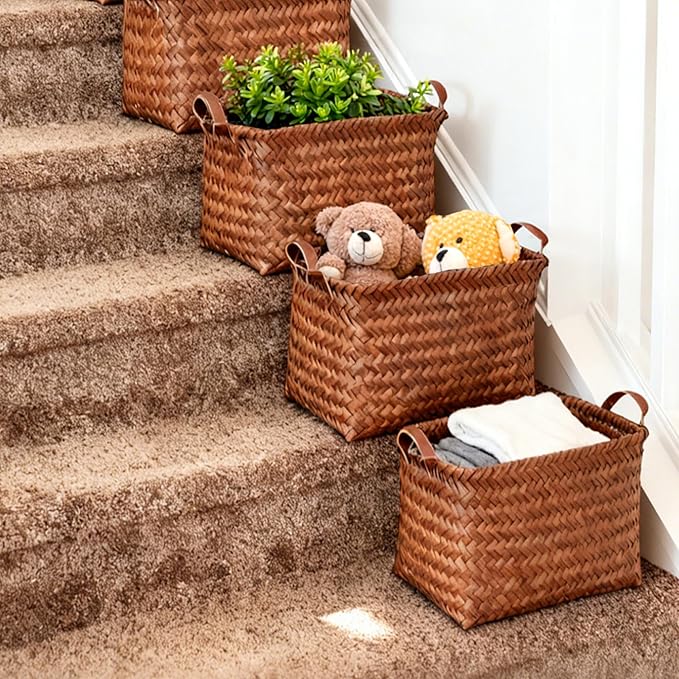 15L Laundry Baskets Waterproof Storage Baskets For Shelves Large Laundry Hamper With Leather Handle -set of 4 Cube Organizers Woven Bins for Bathroom,Bedroom,Pantry,Clothes,Car & Towels-Brown