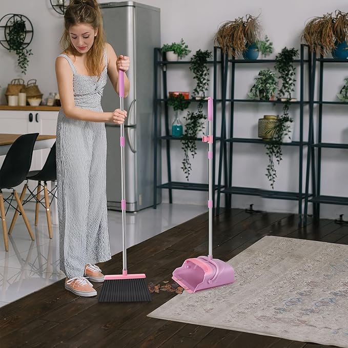 kelamayi Broom and Dustpan Set for Home, Office, Indoor&Outdoor Sweeping, Stand Up Broom and Dustpan (Pink)