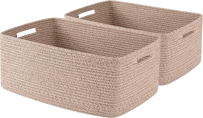 Large Storage Basket for Organizing, Woven Rope Basket for Shelves, Closet Organizer Bins for Clothes, Blanket, Toys, Baby Nursery Storage, 17.7" x 13" x 7.87", 2 Packs Brown
