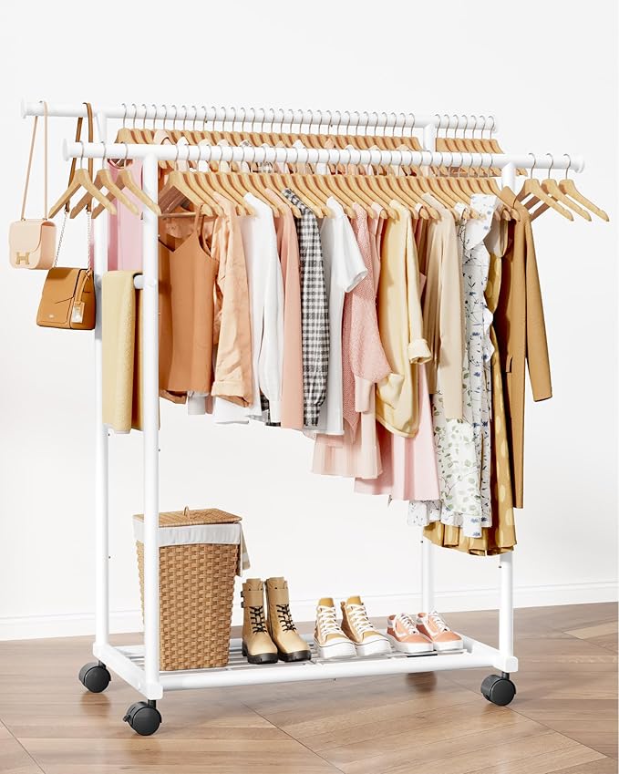 Sakugi Metal Clothes Rack - Double Rod Clothing Rack with Fixed Design and Rolling Wheels, Coat Rack with Built-In Shelf for Closet Organizers and Storage (38.5" x 16.9" x 59.0", White)