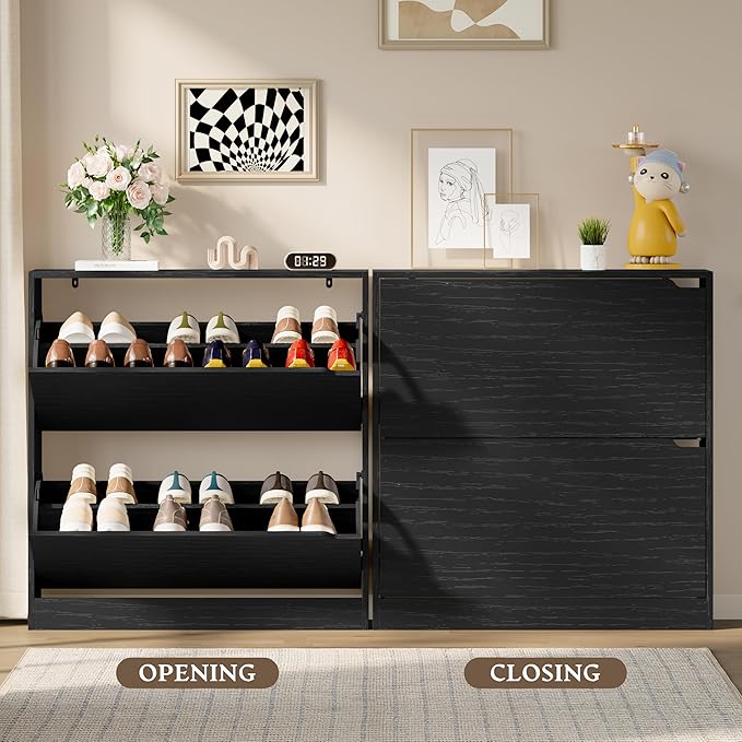 BORNOON Shoe Cabinet with 2 Flip Drawers, Slim Narrow Shoe Storage Cabinet, Freestanding Shoe Organizer with Adjustable & Removable Shelves, Top Display Shelf for Entryway, Hallway, Foyer, Closet