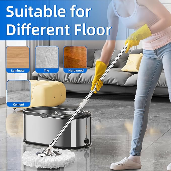 Spin Mop and Bucket with Wringer Set for Home,360° Mop and Bucket with Separate Clean and Dirty Water,Wet Dust Mop for Floor Cleaning with Extra Refills (Silver with 6 Pads)