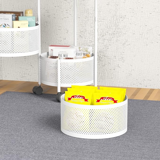 JAQ Rotating Storage Carts No Assembly, 4-Tier Round Storage Basket Rack Shelf Organizer on Rolling Wheels for Fruit Vegetables Grocery Corns Potato Onion Snack in Kitchen Pantry (4-Tier, White)