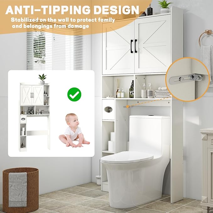 Over The Toilet Storage Cabinet, 32" W Over Toilet Bathroom Organizer with Toilet Paper Holder Stand, Home Space-Saving Toilet Rack with Shelves for Bathroom, Restroom (2 Barn Doors, White)
