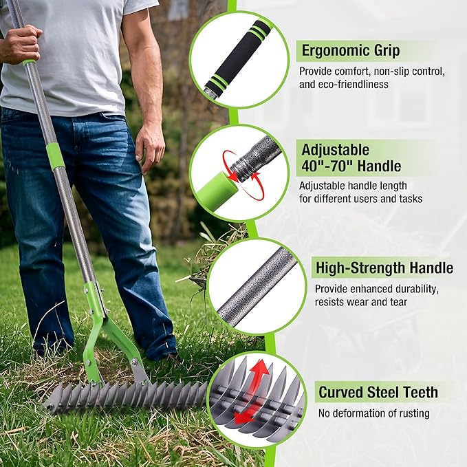 WORKPRO Thatch Rake, 15-Inch Thatching Rake for Lawns, Heavy Duty Dethatcher Rakes with 5FT Handle, Dethatching Rakes with Adjustable Head for Removing Dead Grass and Clippings, Loosening Soil