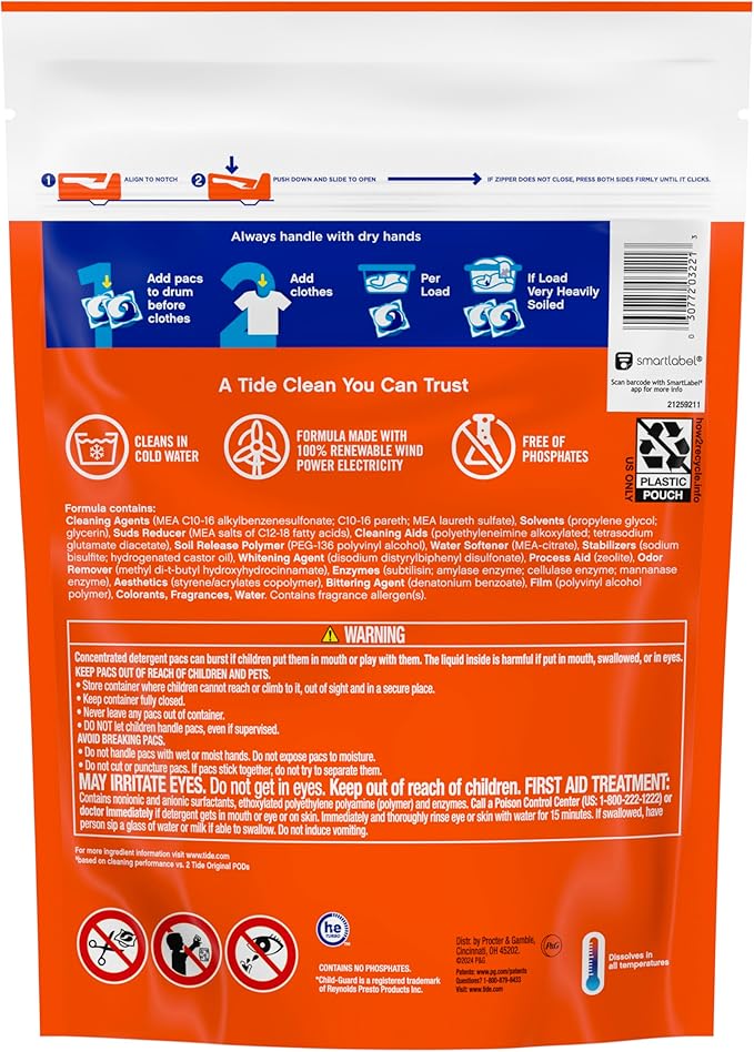 Tide Odor Defense + Oxi Laundry Detergent Pacs, Original Scent, 18 Count, Advanced Odor + Stain Fighter, laudry soap washing detergent pacs