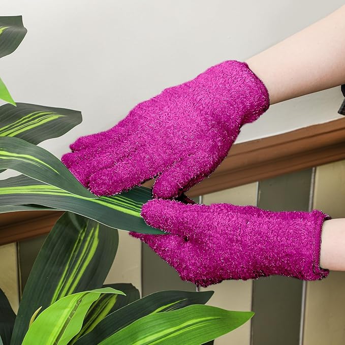 Patelai 3 Pairs Microfiber Plant Dusting Gloves Leaf Cleaning Gloves for Indoor Plants, Blinds, Furniture, House (Purple,Rose Red,Black,Medium)