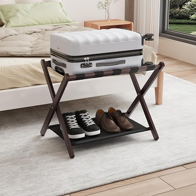 Smuxee Brown Bamboo Luggage Rack for Guest Room, Foldable Suitcase Stand with Storage Shelf, Easily Assembled Luggage Stand with 5 Nylon Straps for Guest Room Bedroom Hotel