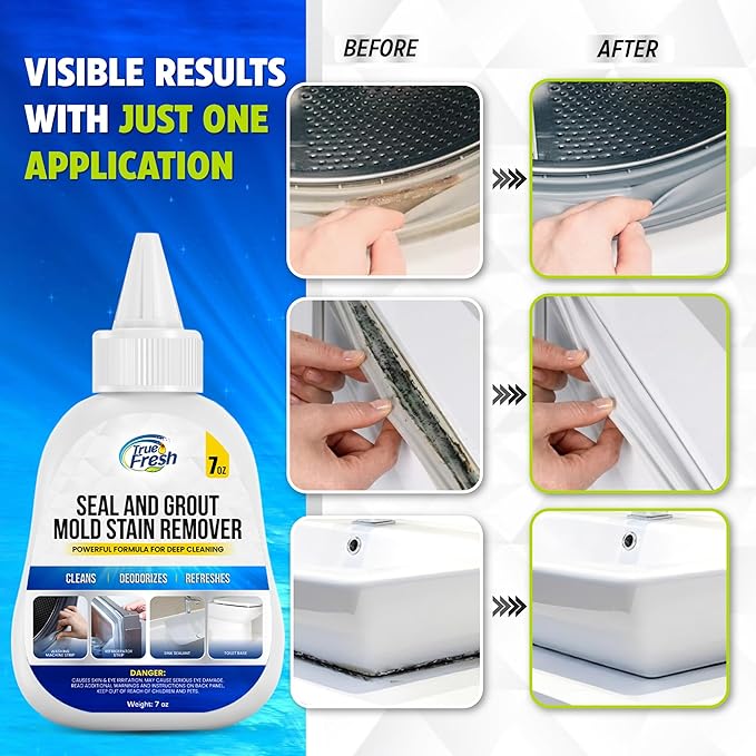 True Fresh Heavy Duty Mold Stain Remover Gel – Powerful Cleaner for Front Loader Washing Machine Seals, Bathroom Grout, Shower Caulking, Tiles & More – 7 oz Cleaning Solution for Stubborn Stains