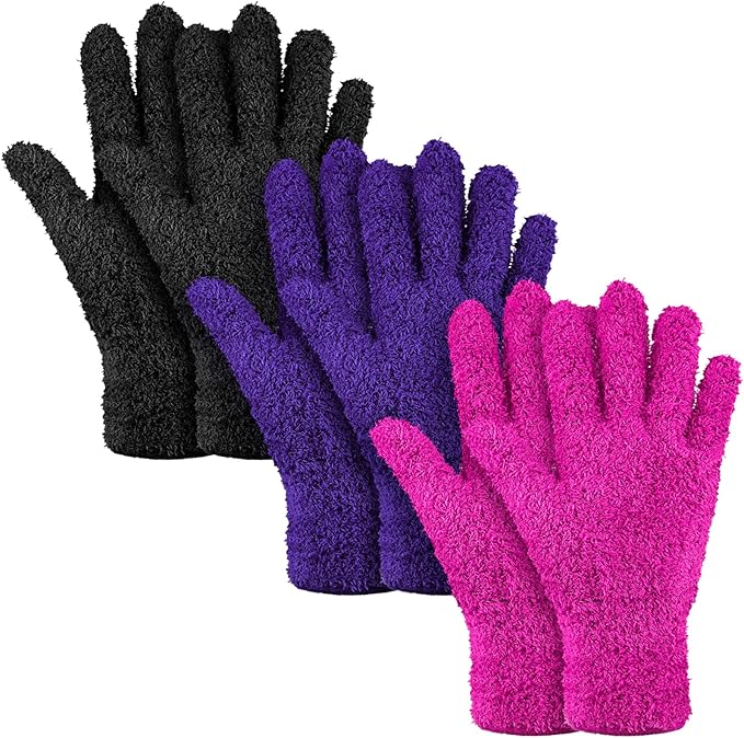 Patelai 3 Pairs Microfiber Plant Dusting Gloves Leaf Cleaning Gloves for Indoor Plants, Blinds, Furniture, House (Purple,Rose Red,Black,Large)