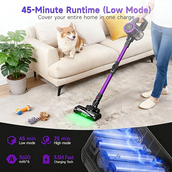 LAQVITA Cordless Vacuum Cleaner, Vacuum Cleaners for Home with 180° Bendable Wand | Green LED Light, Self-Standing, 1.5L Dust Cup, Washable HEPA Filter| Lightweight Stick Vacuum for Hardwood Floors