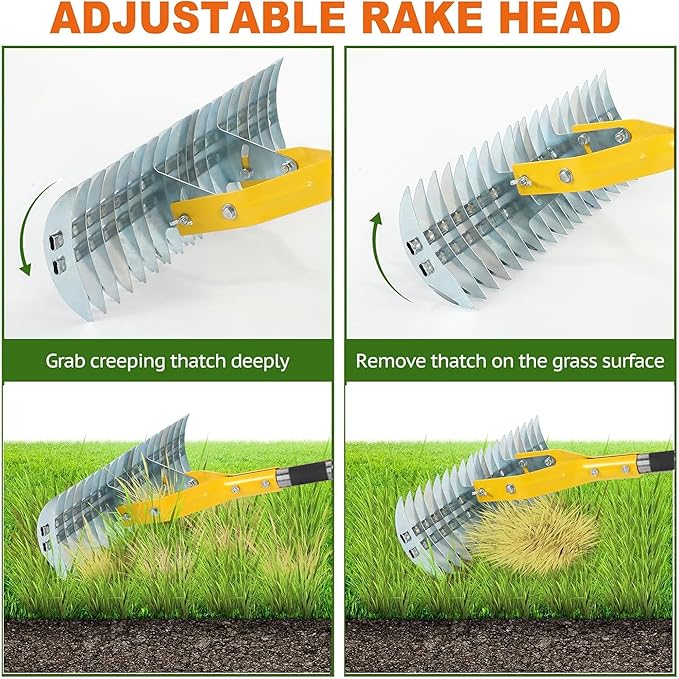 Thatch Rake,15" Lawn Dethatcher Rakes,Dead Grass Remover,Manual Dethatching Rake with Adjustable Length Handle,Scarifier Rake,Thatching Rakes for Lawns Grass Loosening Soil