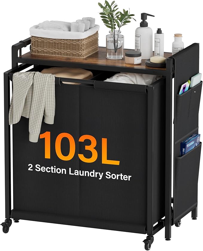 Laundry Sorter 2 Section: Laundry Hamper Basket with Shelf and Wheels - Rolling Laundry Basket Organizer with Pull-Out Cart - Clothes Hamper for Laundry Room Bathroom Bedroom