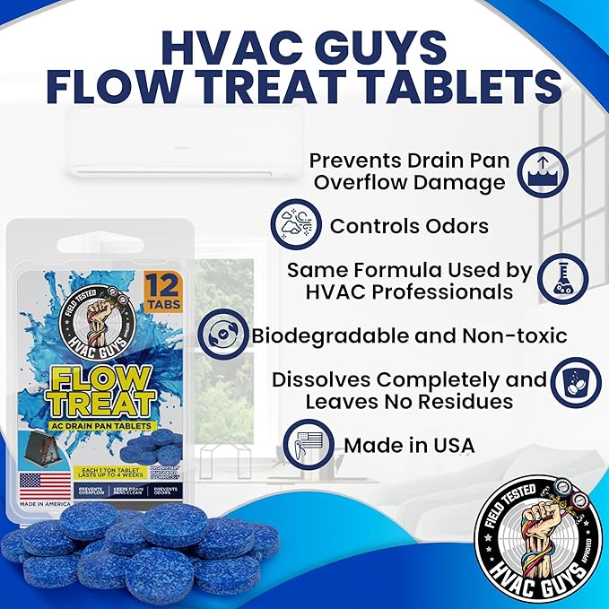 AC Drain Pan Tablets 12PK | Flow Treat Tablets Prevents Odors, Keeps HVAC Drain Pan Clean, Prevents Overflow | One Tablet Lasts up to 4 Weeks