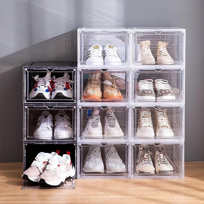 Attelite X-Large Clear Plastic Shoe Boxes - Stackable Shoe Organizer with Magnetic Door, Drop Front Display Box (9 Pack, Clear Black)