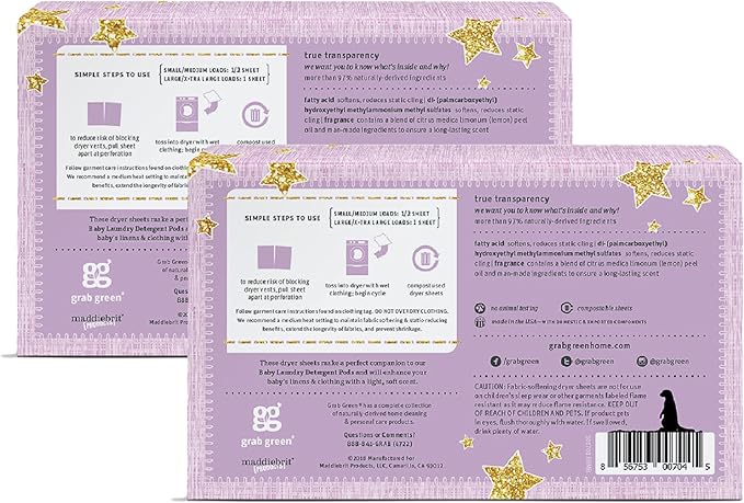 Grab Green Baby Laundry Dryer Sheets, 160 Sheets, Dreamy Rosewood Scent, Plant and Mineral Based, Compostable, Softens Clothing and Linens, Reduces Static Cling