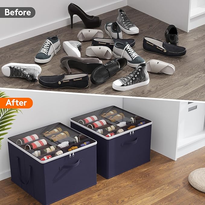 Lifewit 6 Pack Shoe Storage Organizer for Closet, Large Shoe Box Storage Containers with Clear Cover, Foldable Storage Bins Fit for Boots Fits 72-96 Pairs (Each 12-16 Pairs) Blue