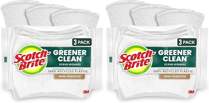 Scotch-Brite Greener Clean Non-Scratch Scrub Sponge, Sponge for Washing Dishes, Cleaning Kitchen, Superior Performance and Made with Sustainable Materials, Dishwasher Safe, 3 Scrub Sponges (Pack of 2)