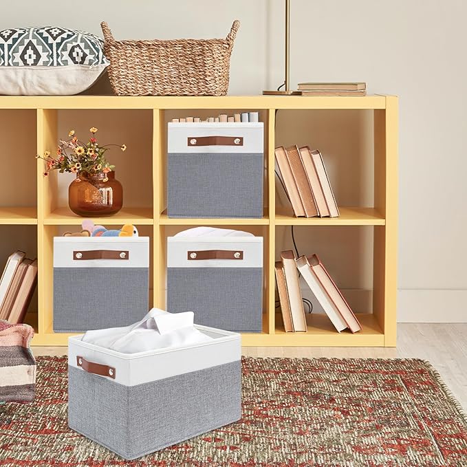 4 Pack Fabric Storage Baskets for Shelves, Closet Storage Bins for Shelves, Fabric Baskets for Organizing with Handles for Home and Office (White with Grey,15"L*10.2"W*9"H)
