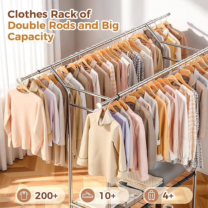 Luxspire Heavy Duty Clothes Rack Load 650 LBS, Double Rod Clothing Racks for Hanging Clothes, Rolling Garment Racks with Lockable Wheels, Shelves, Adjustable Laundry Hanging Rack, Silver