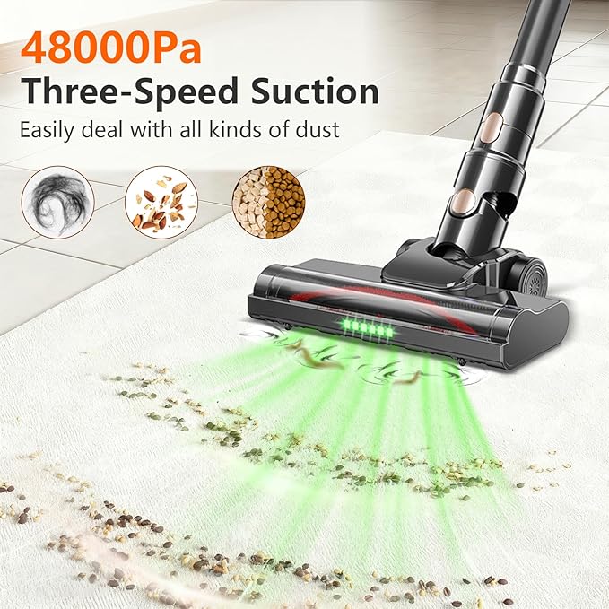 Cordless Vacuum Cleaner, 450W 48KPA 60Mins Vacuum Cleaners for Home,Anti-tangle Wireless Vacumm,Rechargeable Vacuum With Green Light,Powerful Stick Vacuum for Carpet/Hardwood Floors,Pet Hair,Black