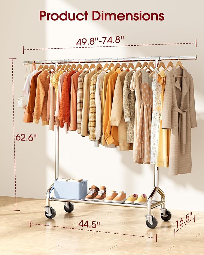 Sakugi Heavy Duty Clothes Rack - Garment Rack with Extendable Side Rods & Bottom Shoe Shelf, 25mm Stainless Steel Frame with Wheels, 49.8–74.8'' x 62.6'' x 16.5'', Silver