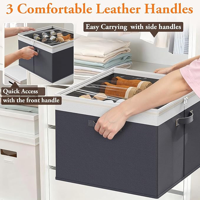 StoreHappily Shoe Organizer for Closet - 2 Packs Hold up to 32 Pairs, Large Shoe Storage Organizer Containers with Adjustable Dividers, Clear Cover, Leather Handles for Heels, Boots, Sneakers (Gray)