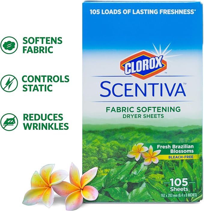 Clorox Scentiva Fabric Softening Dryer Sheets - Fabric Sheets in Fresh Brazilian Blossoms Scent - Laundry Dryer Sheets for Fresh & Clean Clothes - Fabric Softener Sheets, Dryer Sheet, 105 Count